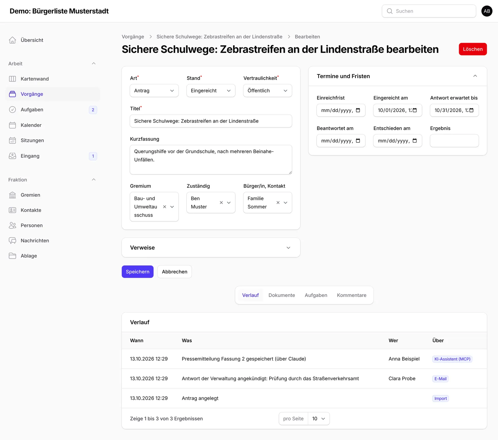 Akte eines Antrags mit Verlauf, Dokumenten und Aufgaben